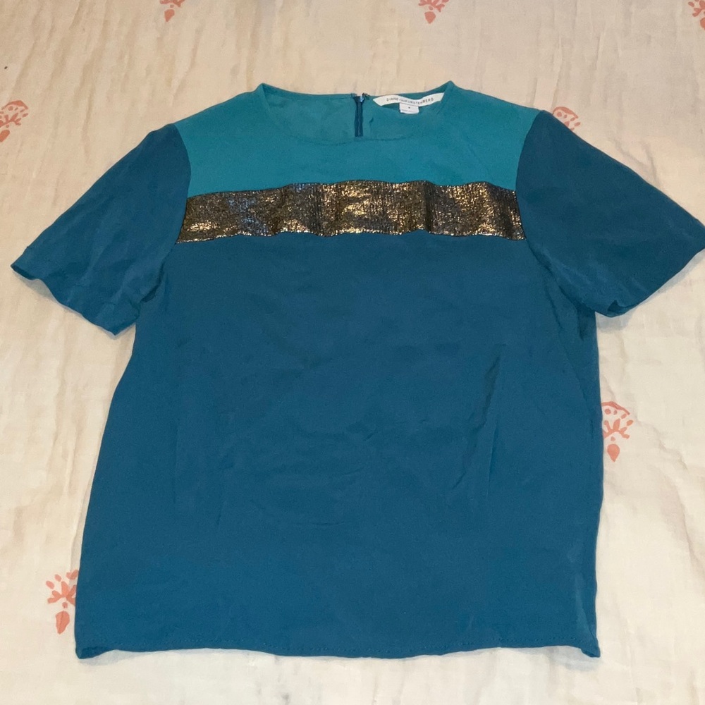 Diane Von Furstenberg Teal and Silver Top